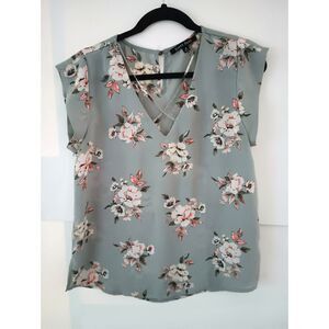 Sweet Rain Womens Med Floral Print Short Sleeve Criss Cross V Neck Blouse Green